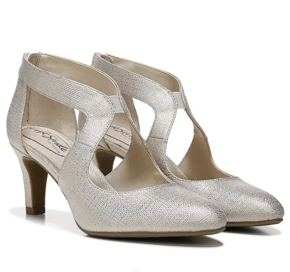 Lifestride Giovanna 2 Gold Metallic Cutout Pumps 3” Heels Size 9M Back Zippers
